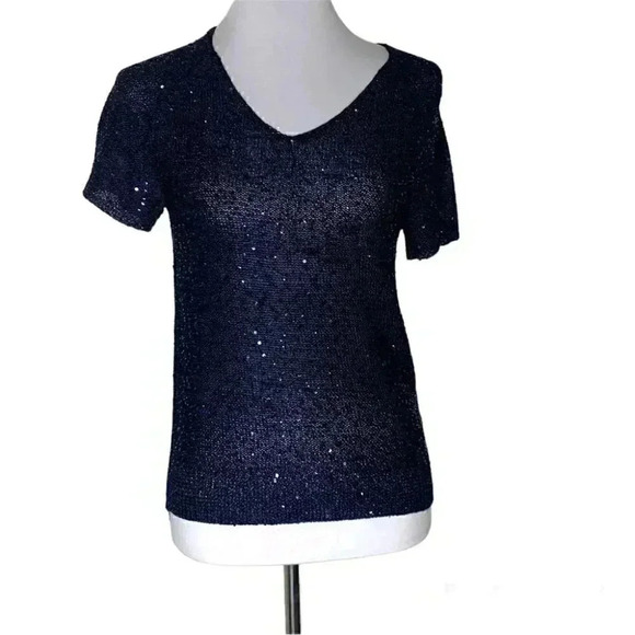 Philosophy navy sequined short sleeve v neck petite medium - Picture 1 of 8